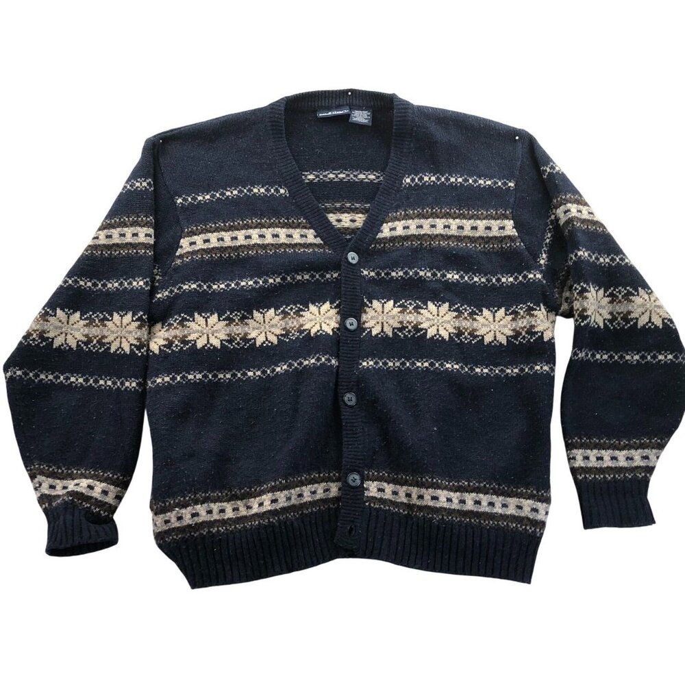 Puritan Men's Cardigan Sweater Medium Nordic Patterned Navy Blue V-Neck